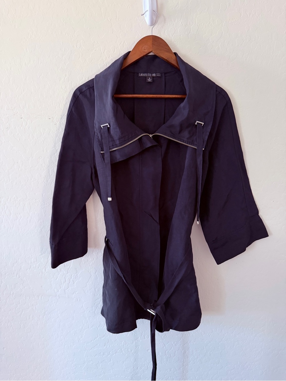 Lafayette 148 New York Navy Blue Linen Cupro Belted Zip Jacket Size 8